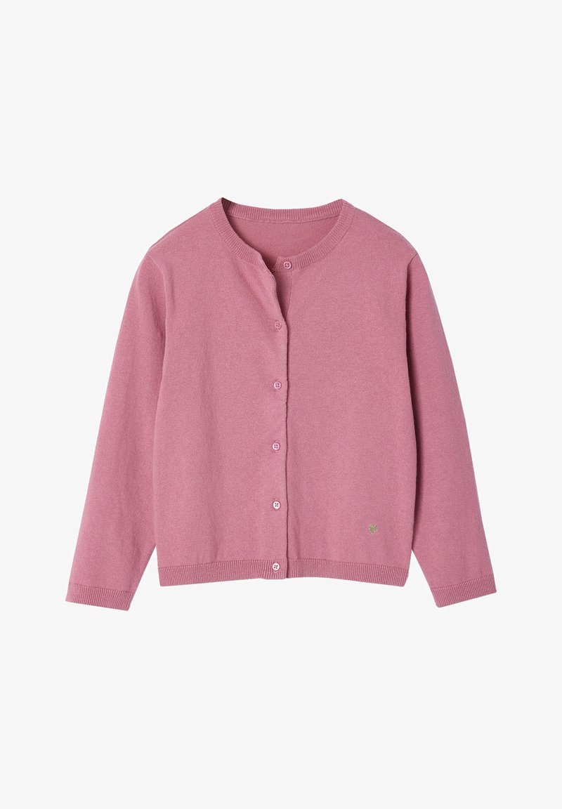 Rosa Strickjacke mit langen Ärmeln, rundem Ausschnitt und Knopfverschlüssen. Hergestellt aus weichem Stoff mit geripptem Saum und Bündchen.