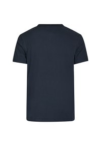 Navyblaue Baumwoll-T-Shirt mit kurzen Ärmeln, rundem Ausschnitt und glatter Textur. Auf der Rückseite sind keine sichtbaren Muster oder Logos.