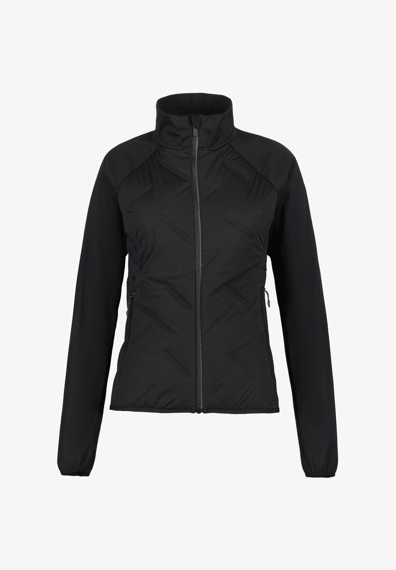 Veste rembourrée noire avec un col montant, fermeture éclair sur le devant, poignets élastiques et détails en coutures diagonales. Poches latérales à l'avant.