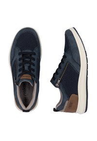 Navy sneaker with suede and mesh materials, lightweight design, textured paneling, and a side zipper. Features beige accents and a white sole.