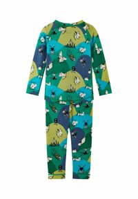 Set di pigiama a maniche lunghe realizzato in morbido tessuto, con una stampa colorata dei personaggi Moomin su forme geometriche blu, verdi e gialle.