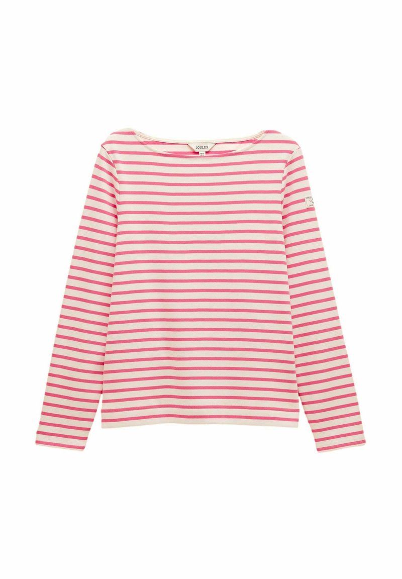 Długi rękaw bluzki z dekoltem w łódkę, w różowo-białe poziome paski, wykonana z miękkiego materiału o luźnym kroju.