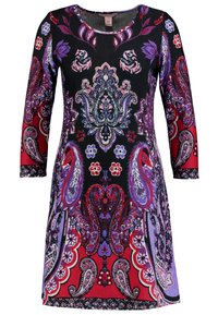 Robe noire à manches longues avec motifs paisley et floraux rouges, violets et roses en design symétrique.