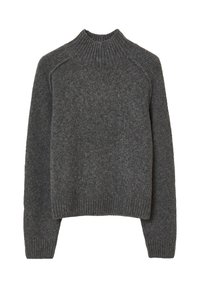 Dunkelgrauer Wollstrickpullover mit langen Ärmeln und einem gerippten Rundhalsausschnitt, Saum und Bündchen.