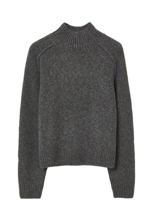 Dunkelgrauer Wollstrickpullover mit langen Ärmeln und einem gerippten Rundhalsausschnitt, Saum und Bündchen.