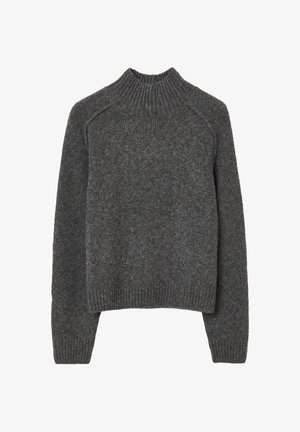 Dunkelgrauer Wollstrickpullover mit langen Ärmeln und einem gerippten Rundhalsausschnitt, Saum und Bündchen.