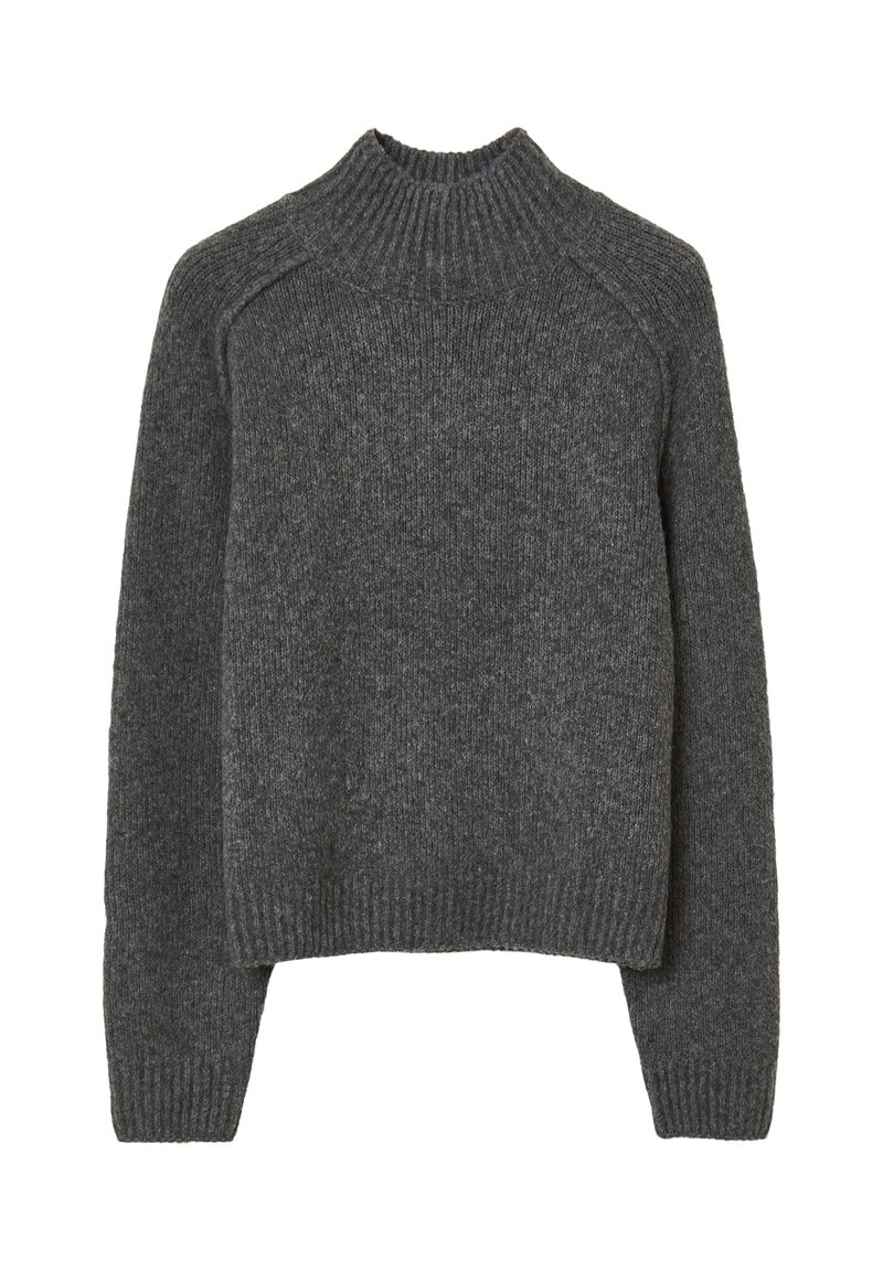 Dunkelgrauer Wollstrickpullover mit langen Ärmeln und einem gerippten Rundhalsausschnitt, Saum und Bündchen.