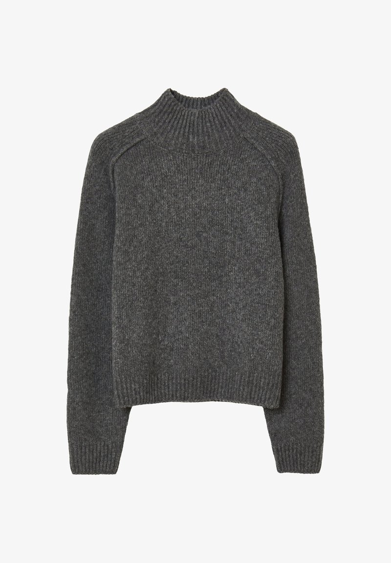 Dunkelgrauer Wollstrickpullover mit langen Ärmeln und einem gerippten Rundhalsausschnitt, Saum und Bündchen.