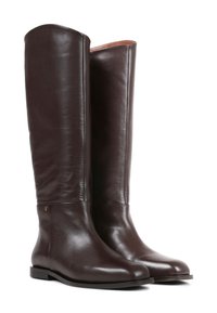 Brown leather knee-high boots with a smooth texture, rounded toe, and low heel. Features a subtle side accent near the ankle.