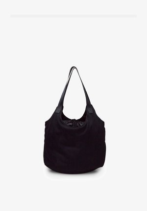Sac fourre-tout noir avec une surface texturée et douce, doté d'une fermeture à cordon et de longues poignées plates pour un transport facile.