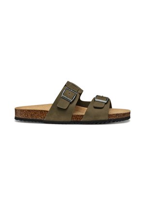 Sandali in suede verde oliva, con due fasce regolabili e fibbie argentate, dotati di una soletta in sughero e suola in gomma nera.