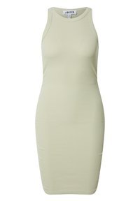 Robe midi côtelée de couleur vert clair, avec une coupe ajustée, sans manches et un col rond. Texture lisse sans motifs visibles.