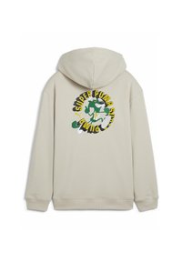 Felpa con cappuccio beige chiaro con una grande grafica verde, gialla e nera sulla schiena. Tessuto morbido con vestibilità comoda e cappuccio con coulisse.