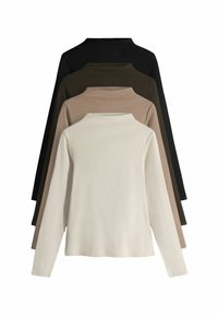 Pikad varrukad turtle neck'id neljas värvitoonis: must, tume roheline, beež ja kreemjas. Pehme kangas siledaga tekstuur; keha lähedane siluett ja kõrge kaelus.