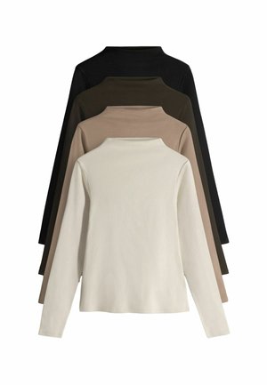 Langärmlige Rollkragenpullover in vier Farben: Schwarz, Dunkelgrün, Beige und Creme. Weicher Stoff mit glatter Textur; figurbetonte Silhouette und hoher Halsabschluss.