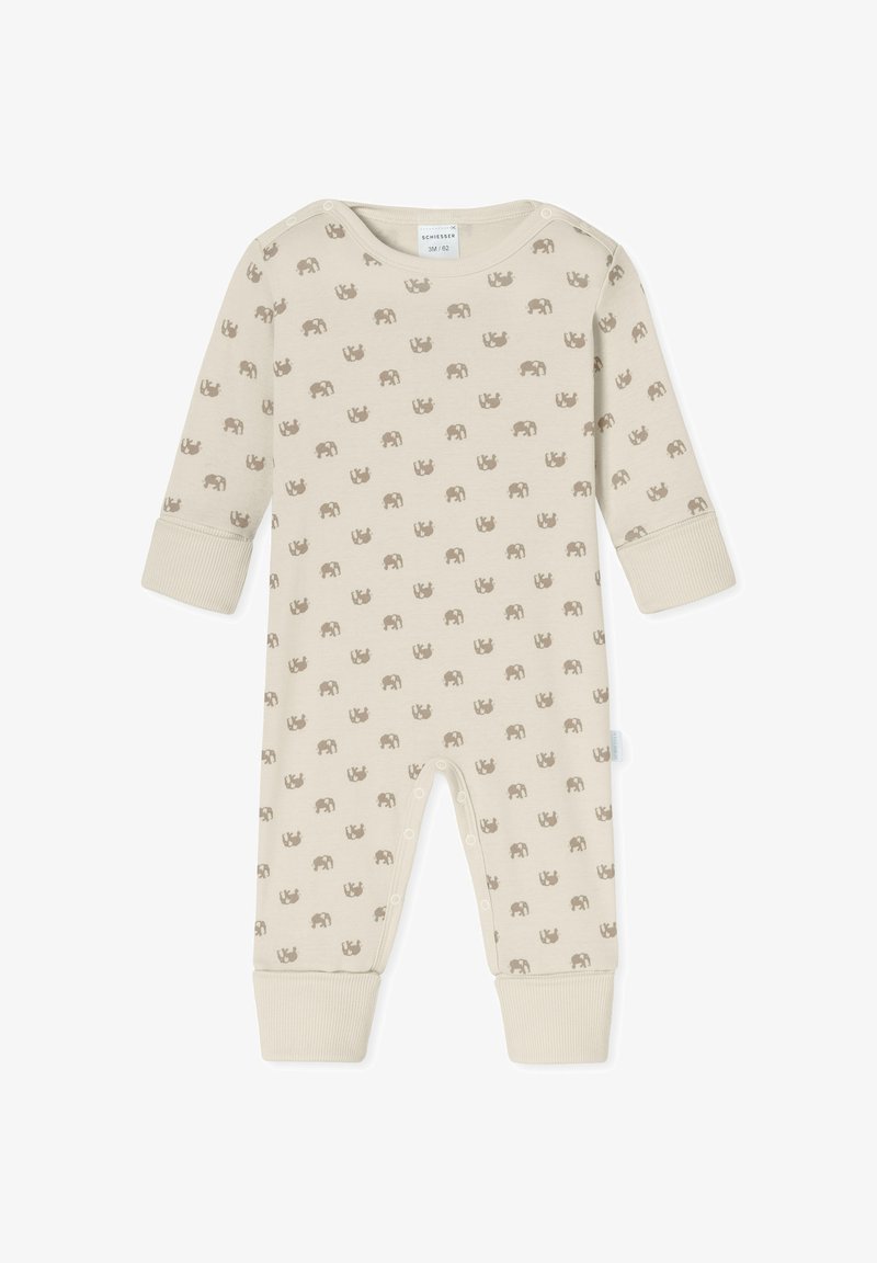 Mameluco beige con estampado de elefante marrón, mangas largas, puños acanalados y botones a presión en el hombro y en la parte inferior para facilitar el vestir.