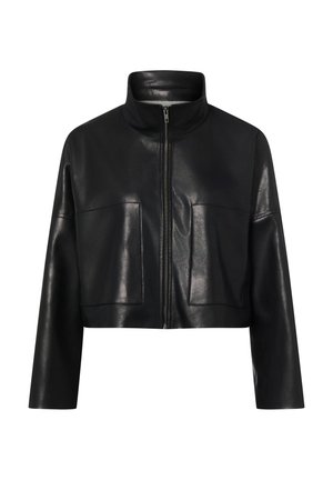 Black cropped leather jacket with a stand collar, front zipper, and two large, rectangular pockets on the chest. Smooth, glossy finish.