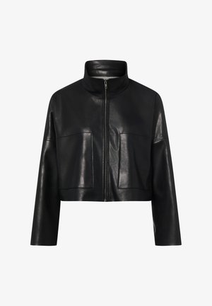 Black cropped leather jacket with a stand collar, front zipper, and two large, rectangular pockets on the chest. Smooth, glossy finish.