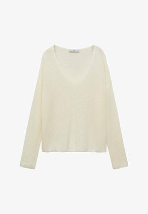 Cremfarbener Strickpullover mit V-Ausschnitt, langen Ärmeln und lockerer Passform. Mit einem strukturierten Muster sowie gerippten Bündchen und Saum.