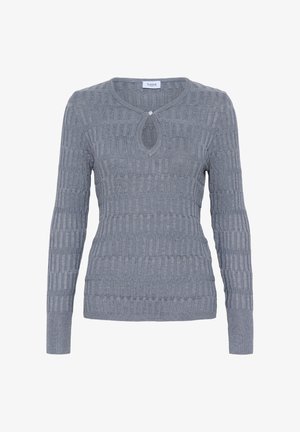 Szürke kötött pulóver hosszú ujjal, kerek nyakkivágással, kulcslyuk részlettel, bordázott textúrával és változó függőleges mintákkal.