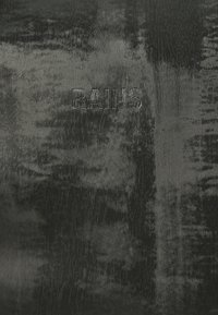 Black waterproof material with a textured surface. Features embossed "RAINS" logo, exhibiting a matte finish with subtle shine variations.