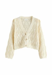 Cardigan lavorato a maglia beige chiaro con scollo a V, decorato con un motivo in pizzo, maniche lunghe e tre bottoni frontali.
