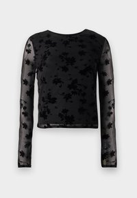 Sort langærmet top lavet af gennemsigtigt stof med et blomstermønster i sort fløjl. Enkel rund halsudskæring og cropped design.