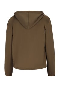 Hanorac cu glugă în verde măsliniu, fabricat dintr-un material moale. Are mâneci lungi și o croială relaxată, cu un design minimalist și fără accesorii vizibile.