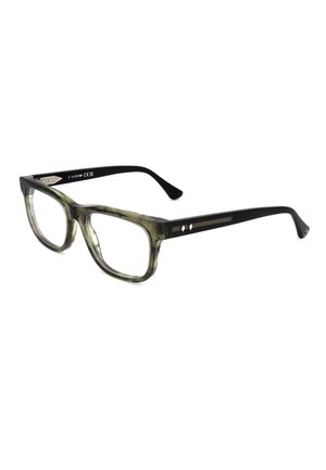 Occhiali rettangolari con montatura frontale traslucida verde e stanghette nere solide, mostrati su uno sfondo bianco.