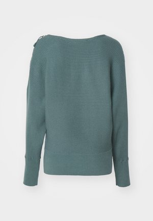 Teal ribbed sweater with a boat neckline, long sleeves, and a zipper detail on the left shoulder. Soft texture and fitted hem.