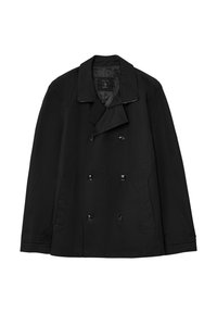 Black double-breasted peacoat made from a smooth, lightweight fabric. Features large buttons, a wide collar, and two front pockets.