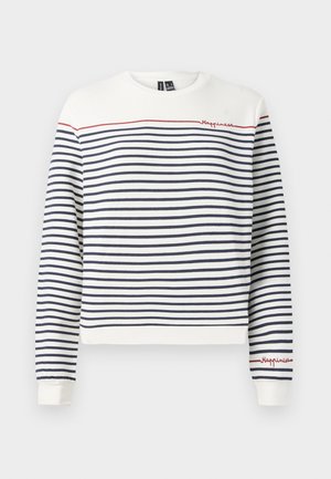 Fehér és tengerészkék csíkos pulóver, piros hímezéssel, amelyen az "Boldogság" felirat olvasható. Kerek nyakkivágással és bordás mandzsettákkal rendelkezik. Puha pamut anyagból készült.