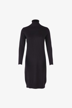 Schwarzes Rollkragenkleid mit langen Ärmeln. Hergestellt aus einem weichen, dehnbaren Strickstoff. Verfügt über eine figurbetonte Silhouette sowie gerippte Bündchen und Saum.