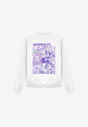 Weißer Sweatshirt mit einem lila grafischen Design, das vier animierte Charaktere und den Text "HUNTRAX" zeigt, sowie Sterne und verspielte Details.