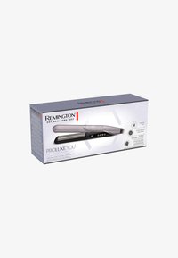 Il ferro da stiro per capelli Remington ProLuxe in confezione grigia e nera è dotato di tecnologia di styling adattiva e pulsanti di controllo laterali.