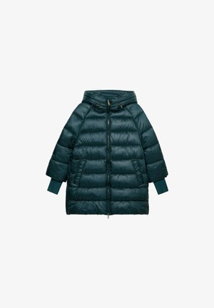 Teal puffer coat with a hood, featuring a zip front, two side pockets, and wide sleeves. Made of glossy, quilted fabric with ribbed cuffs.