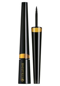 Eyeliner liquide noir avec un applicateur effilé, présentant une bande d'accent dorée près du capuchon. Design élégant avec une finition brillante.