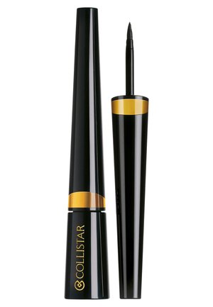 Black liquid eyeliner with a tapered applicator, featuring a gold accent band near the cap. Sleek design with a glossy finish.