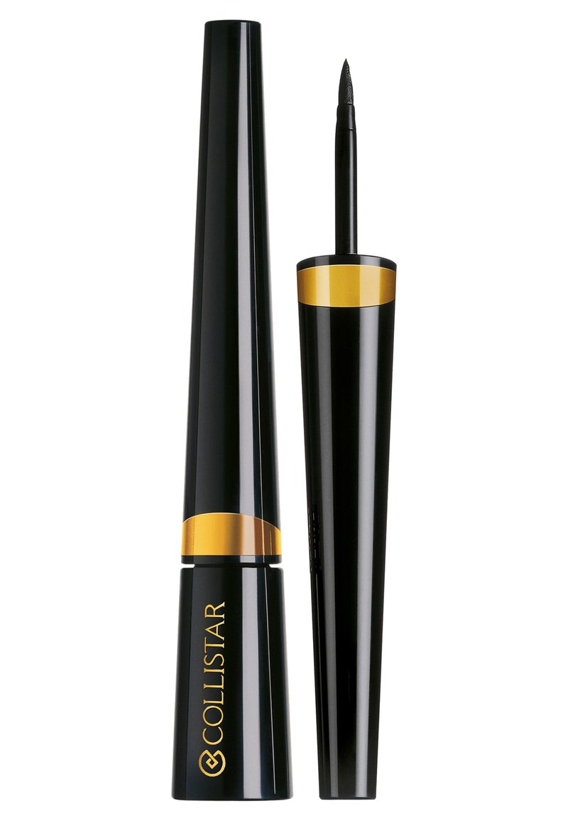 Eyeliner liquide noir avec un applicateur effilé, présentant une bande d'accent dorée près du capuchon. Design élégant avec une finition brillante.