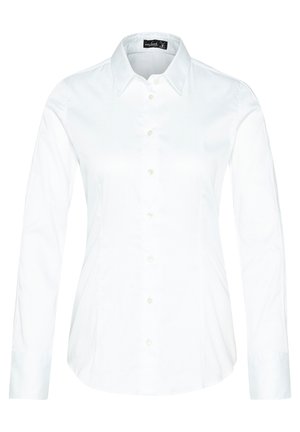 Weißes Hemd mit langen Ärmeln aus glattem Stoff, ausgestattet mit einem klassischen Kragen, sechs Knöpfen vorne und taillierter Passform.