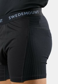 Black athletic shorts featuring a ribbed texture and smooth panels, with a wide waistband labeled "SWEDEMOUNT." Made from stretchy fabric.