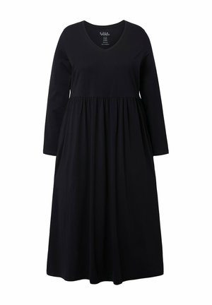 Vestido negro de manga larga con escote en V, que cuenta con un corsé ajustado y una falda acampanada. Elaborado con una tela suave de textura lisa.