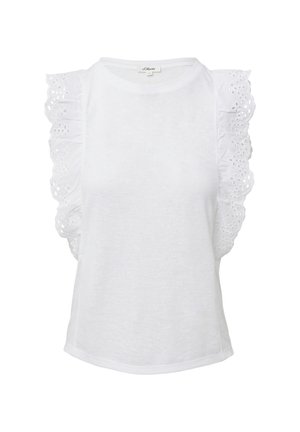 Biała bezrękawnikowa bluzka z lekkiego materiału, z haftowanymi koronkowymi rękawami w falbanki i okrągłym dekoltem. Miękka tekstura, casualowy design.