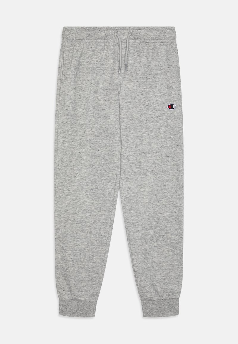 Pelēki sporta bikses, izgatavotas no mīkstas auduma, ar elastīgu jostu ar auklu, apkakliem gurniem un mazu logotipu augšējā kājā.