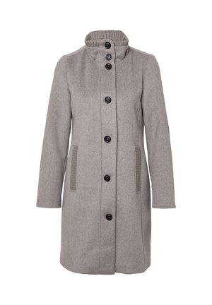 Manteau en laine gris avec un col haut, cinq boutons noirs et deux poches latérales avec des accents côtelés. Texture lisse, design longueur genou.