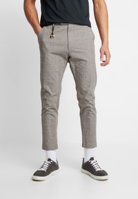 Gray plaid pants with a tailored fit, featuring a flat-front design, side pockets, and a drawstring detail at the waistband.