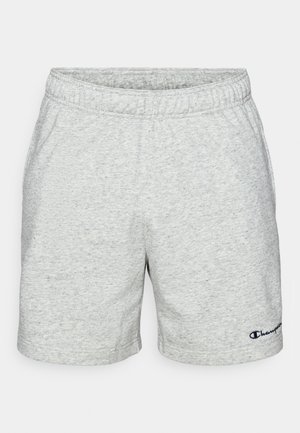 Heather gray shorts in soft cotton blend, featuring an elastic waistband and side seams. Printed logo in navy at the lower left hem.