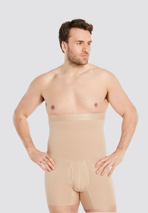 Beige shapewear with an elastic waistband, supportive torso, and short leg design. Smooth texture, form-fitting style, and seamless construction.