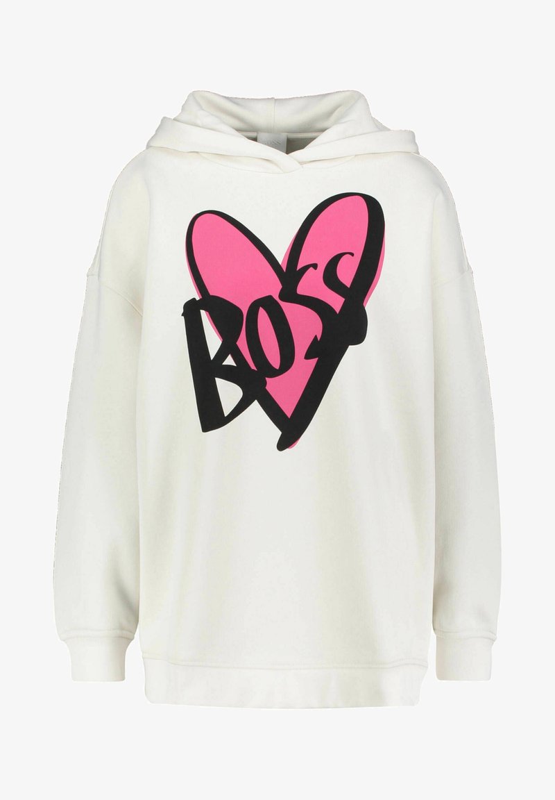 Sweat à capuche blanc avec un grand cœur rose et un texte noir audacieux "BOSS" sur la poitrine.