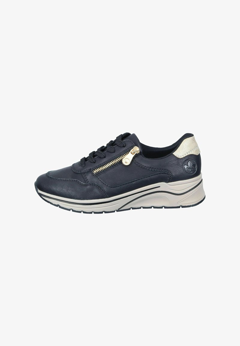 Navy leather sneaker with a rounded toe, lace-up front, side zipper, and beige accents on the cushioned sole and heel.